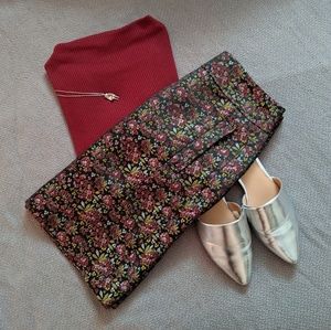 Ann Taylor LOFT Black Red Jacquard Floral Skirt